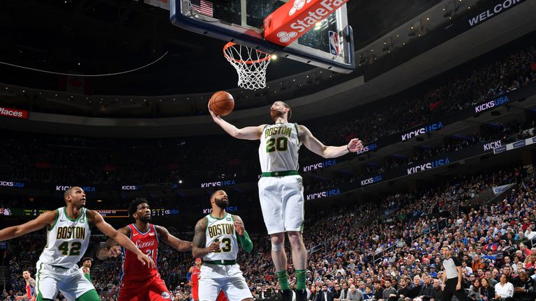 Gordon Hayward grabs a rebound against Philadelphia