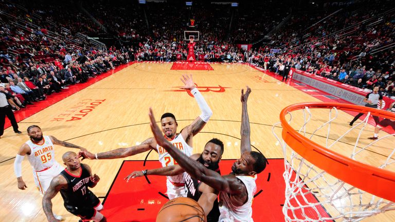 James Harden attacks the rim against Atlanta