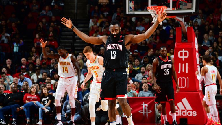 James Harden reacts after a basket against Atlanta