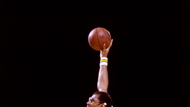 Kareem Abdul-Jabbar launches a trademark sky hook in the 1985 NBA Finals