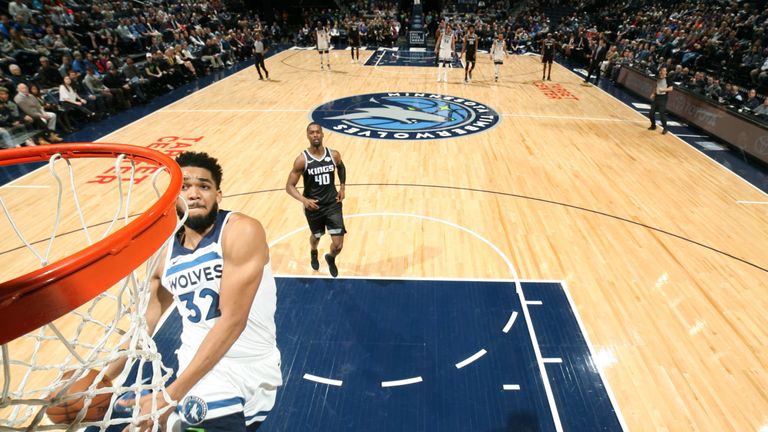 Karl-Anthony Towns hammers home an uncontested dunk