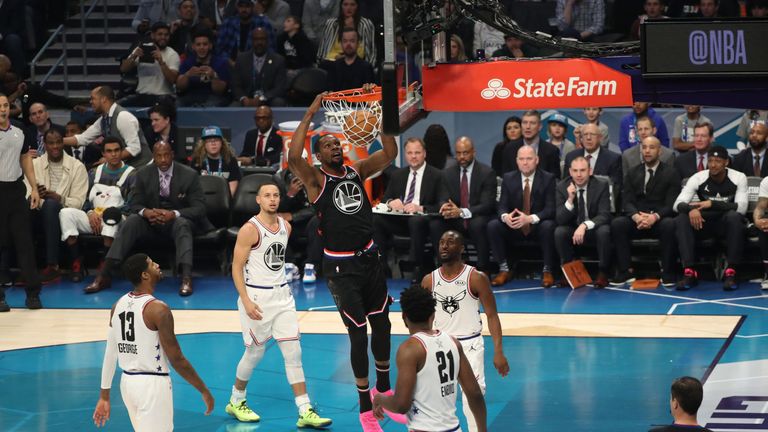 Team LeBron&#39;s Kevin Durant hammers home a dunk en route to a team-high 31 points