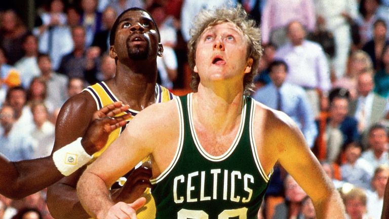 Magic Johnson and Larry Bird do battle in the NBA Finals