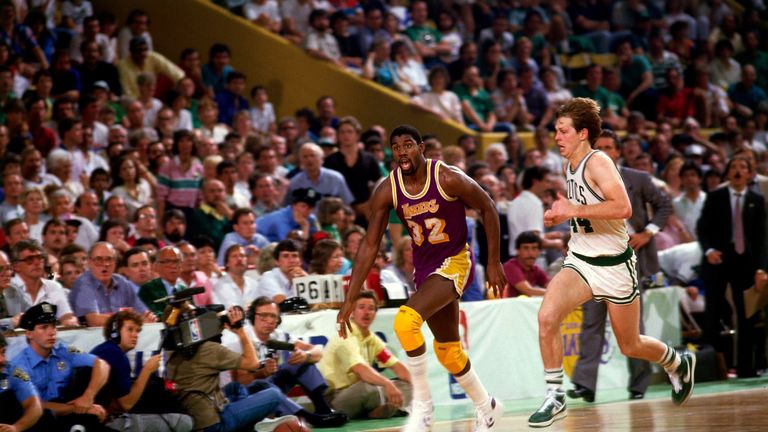 Lakers and Celtics general managers Magic Johnson and Danny Ainge in action in the 1985 NBA Finals