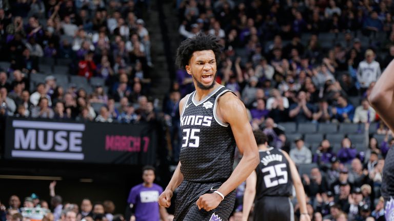 Marvin Bagley celebrates after scoring against San Antonio