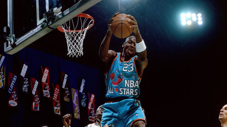 Michael Jordan grabs a rebound during the 1996 All-Star Game
