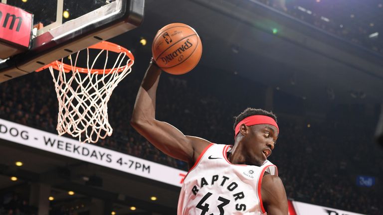 Pascal Siakam snags a rebound against Boston