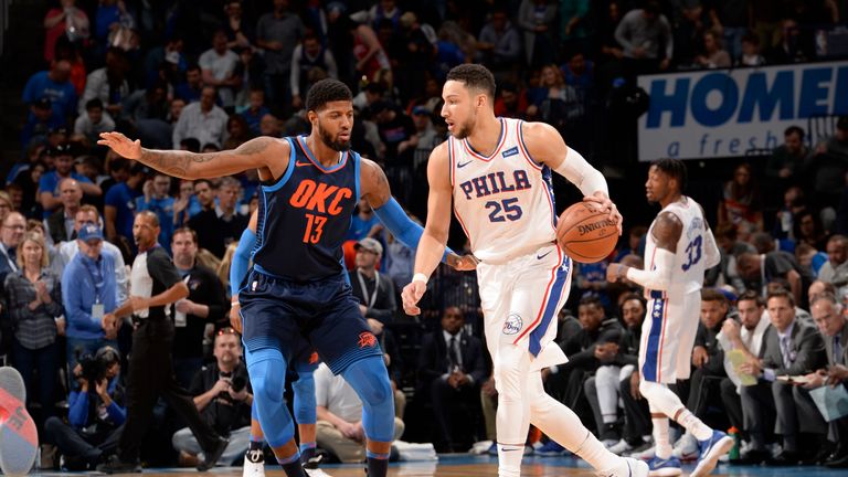 Ben Simmons attempts a dribble past Paul George during the Oklahoma City Thunder's win against the Philadelphia 76ers
