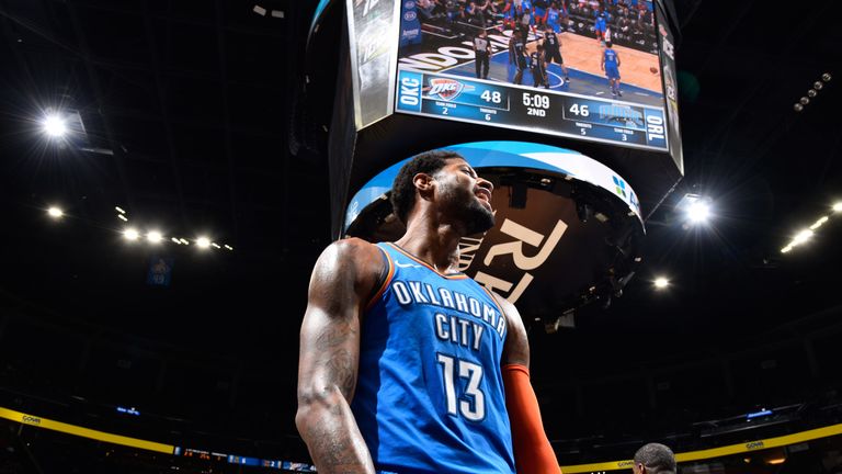 Paul George celebrates a basket against the Orlando Magic