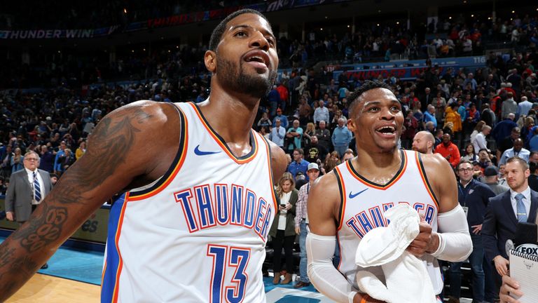 Paul George and Russell Westbrook celebrate the Thunder's victory over the Portland Trail Blazers