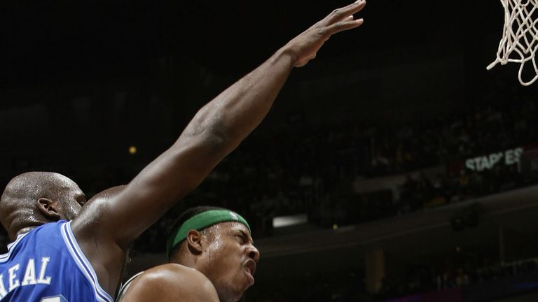 Paul Pierce attacks the basket against the Los Angeles Lakers