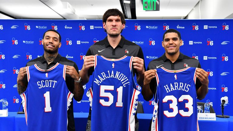 New Sixers Mike Scott, Boban Marjanovic and Tobias Harris are introduced to the media