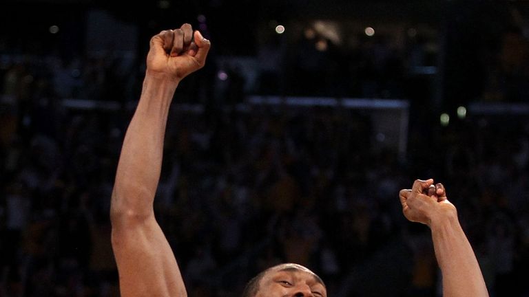 Ron Artest celebrates his game-winner in game seven of the 2010 NBA Finals