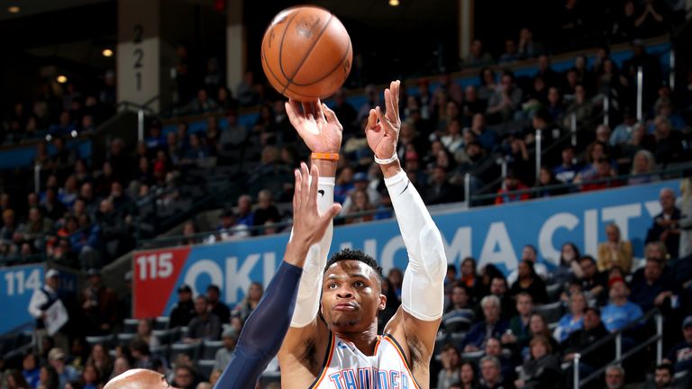 Russell Westbrook shoots a jump shot against Memphis