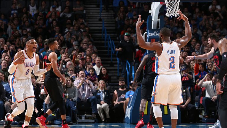 Russell Westbrook celebrates en route to his NBA record 10th straight triple-double