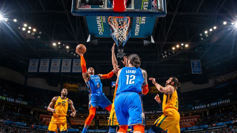Russell Westbrook soars to the basket against Utah