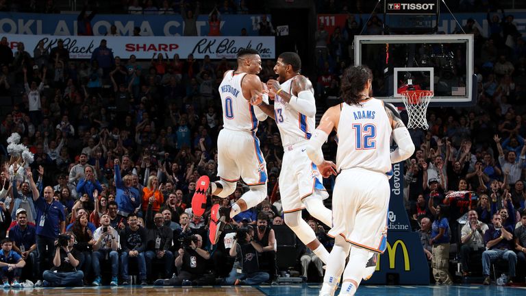 Russell Westbrook and Paul George celebrate during Oklahoma City Thunder's win against Portland