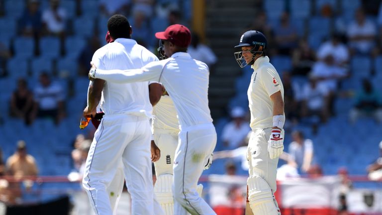 Shannon Gabriel confronts England captain Joe Root