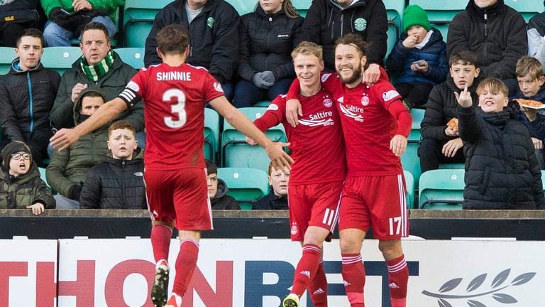 02/02/19 LADBROKES PREMIERSHIP.HIBERNIAN v ABERDEEN (1-2).EASTER ROAD - EDINBURGH.Aberdeen's Gary Mackay-Steven (centre) celebrates his goal with Stevie May (R) and Graeme Shinnie.