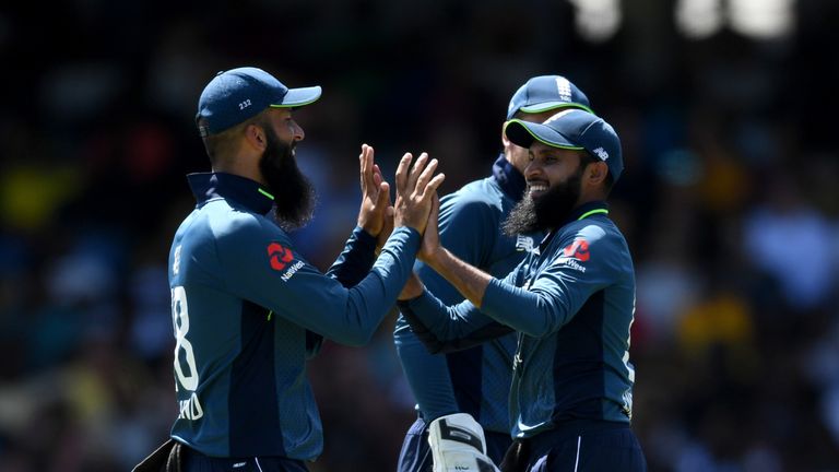 Adil Rashid celebrates running out Darren Bravo in second ODI between Windies and England in Barbados