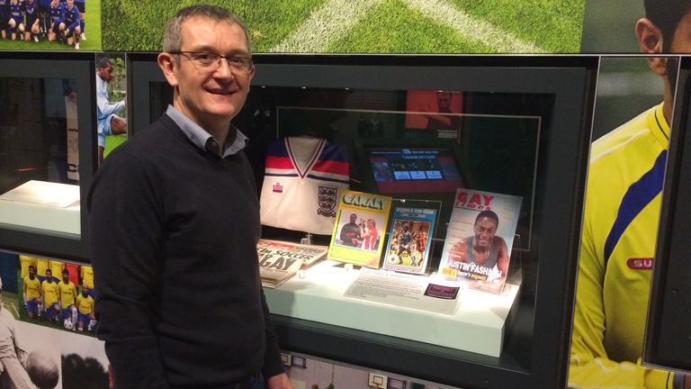 Alan Quick with exhibit of Justin Fashanu memorabilia at the National Football Museum