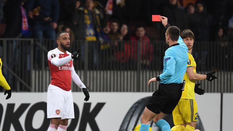 Alexandre Lacazette saw red late on in Arsenal's defeat at BATE