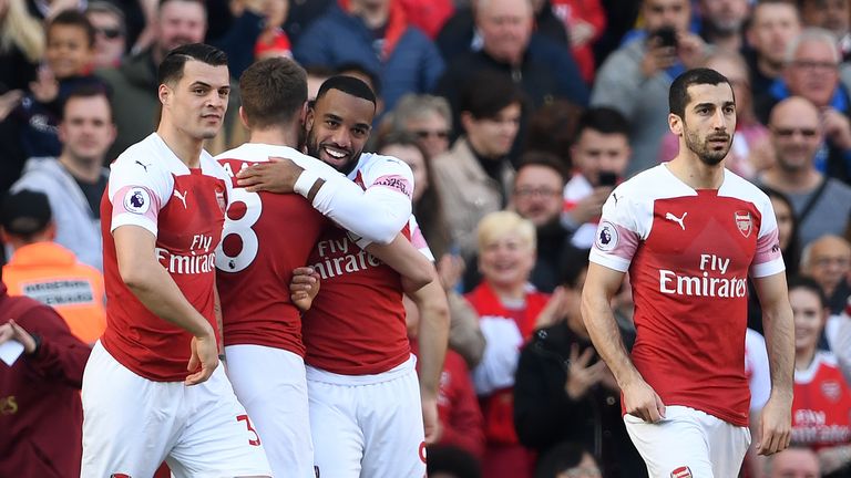 Arsenal's Alexandre Lacazette celebrates scoring his side's first goal of the game