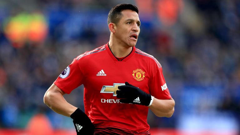 Alexis Sanchez in action during the Premier League match at the King Power Stadium on February 3, 2019                                                                                                                                                                                                                                                                                                                                                           