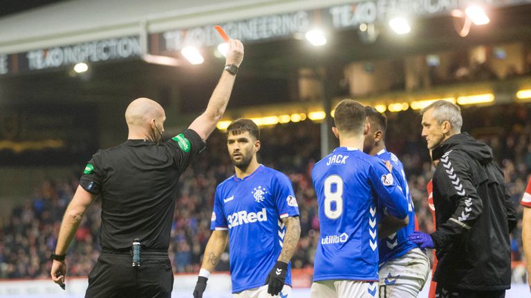 Rangers Alfredo Morelos (second right, obscured) is sent off during the Ladbrokes Scottish Premiership match at Pittodrie Stadium, Aberdeen, 6 February 2019