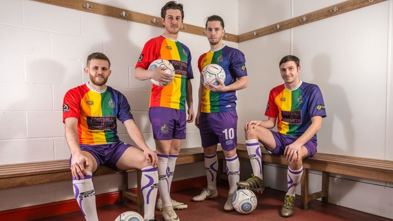 Altrincham FC players Andy White, Connor Hampson, James Poole and Ben Harrison pose in special LGBT Pride Flag rainbow kit to support Football v Homophobia campaign, February 2019
