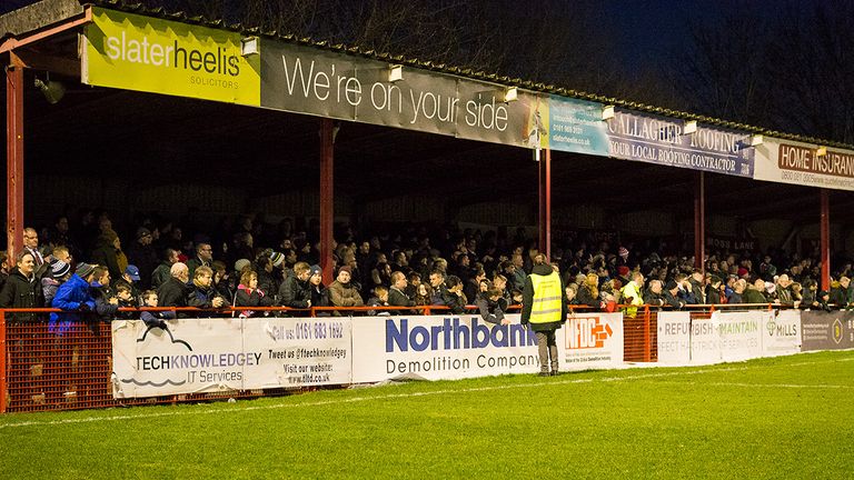 Golf Road End stand, Altrincham FC vs Stockport County. National League North Fixture. Date: 1st January 2019. Venue: J Davidson Stadium, Moss Lane. Attendance: 3,383. Final Score: 0-1. Scorers: -. Copyright Michael Ripley Photography