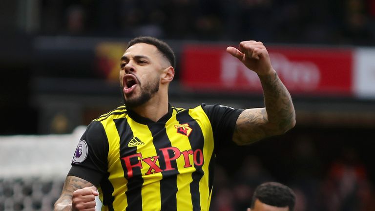 Andre Gray celebrates his goal as Watford beat Everton 1-0 on Saturday