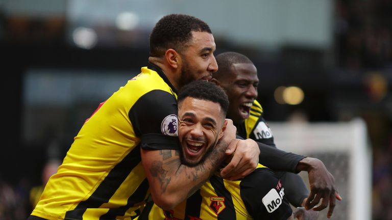 Andre Gray celebrates his goal with team-mate Troy Deeney