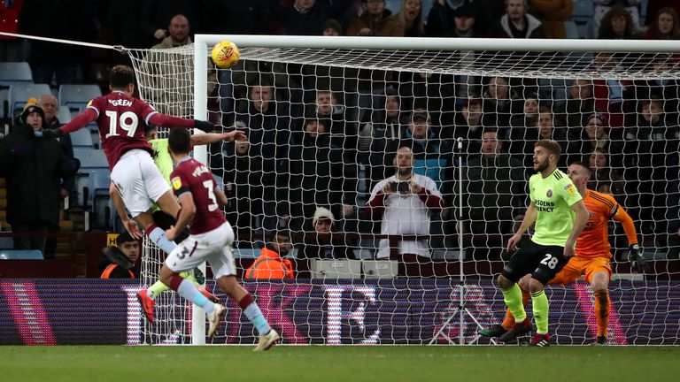 Aston Villa's Andre Green (left) celebrates scoring his side's third goal of the game during the Sky Bet Championship match at Villa Park, Birmingham, Friday 8 February 2019