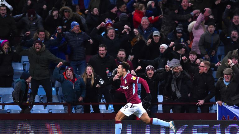 Andre Green of Aston Villa celebrates scoring to make it 3-3 during the Sky Bet Championship match between Aston Villa and Sheffield United at Villa Park on February 08, 2019 in Birmingham, England