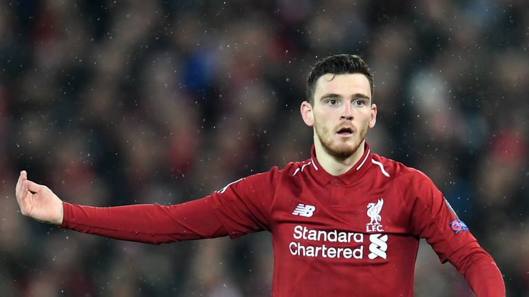 Andrew Robertson in action during Liverpool's 0-0 draw with Bayern Munich at Anfield
