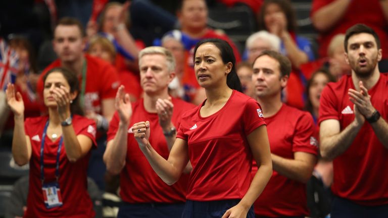 Anne Keothavong, Captain of Team Great Britain reacts in the round robin match between Johanna Konta of Great Britain and Dalila Jakupovic of Slovenia during Day One of the Fed Cup 2019 at University of Bath on February 06, 2019 in Bath, England
