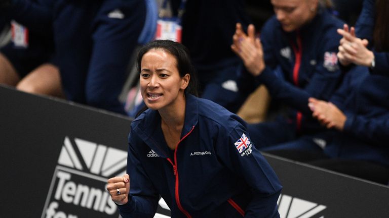Anne Keothavong, Team Captain of Great Britain reacts during Day Two of the Fed Cup Europe and Africa Zone One Group I at University of Bath on February 07, 2019 in Bath, England. 