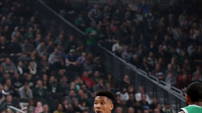 Giannis Antetokounmpo of the Milwaukee Bucks looks to pass the ball during the game against the Boston Celtics