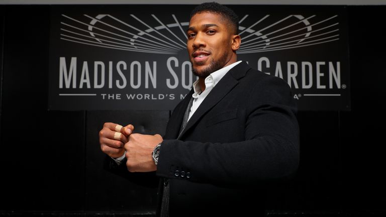 February 19, 2019; New York, NY, USA; WBA Super, IBF, WBO and IBO heavyweight champion Anthony Joshua poses for a portrait in the freight elevator at Madison Square Garden in New York City.  Mandatory Credit: Ed Mulholland/Matchroom Boxing USA                                                     