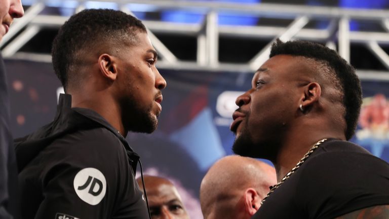 February 19, 2019; New York, NY, USA; WBA Super, IBF, WBO and IBO heavyweight champion Anthony Joshua and challenger Jarrell Miller pose after the press conference announcing their June 1, 2019 fight at Madison Square Garden in New York City.  Mandatory Credit: Ed Mulholland/Matchroom Boxing USA