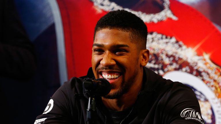 Anthony Joshua speaks to the media during a press conference at Madison Square Garden on February 19, 2019