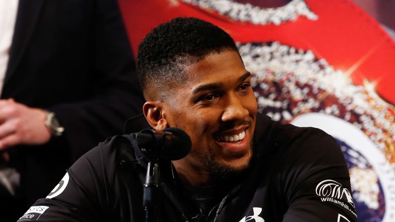 Anthony Joshua speaks to the media during a press conference at Madison Square Garden on February 19, 2019