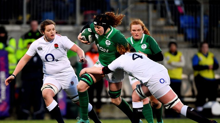 Aoife McDermott is tackled by Catherine O'Donnell 