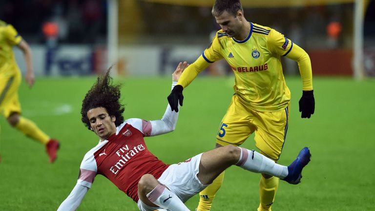Matteo Guendouzi in action for Arsenal against BATE Borisov in the Europa League last-32 first leg