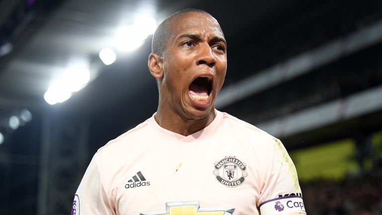 Ashley Young celebrates scoring against Crystal Palace