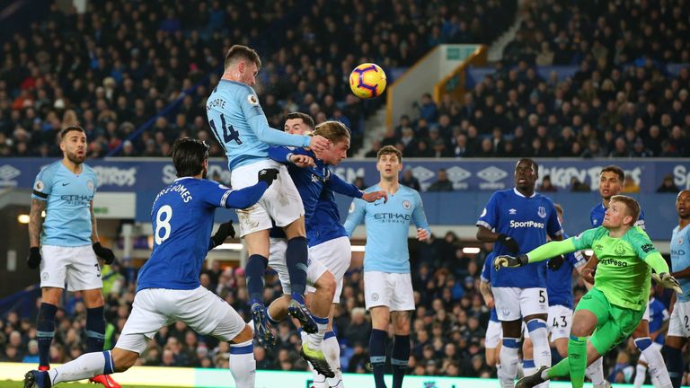 Aymeric Laporte of Manchester City heads wide during the Premier League match between Everton FC and Manchester City at Goodison Park on February 06, 2019 in Liverpool, United Kingdom