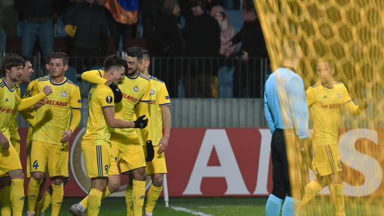 BATE Borisov celebrate a goal against Arsenal in the Europa League