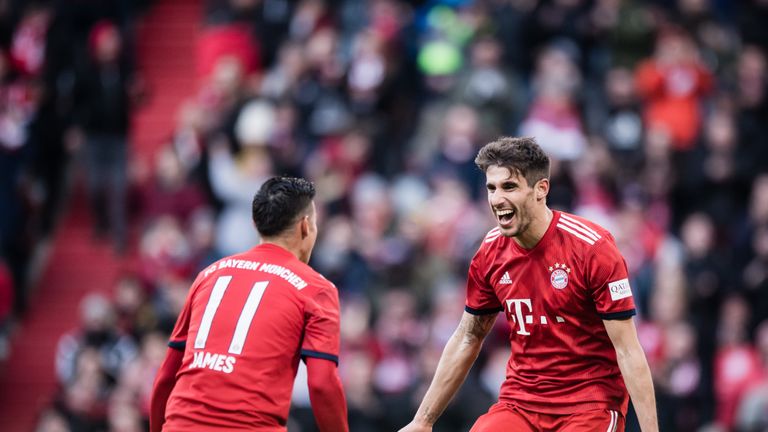 Bayern Munich players celebrate a goal against Hertha Berlin