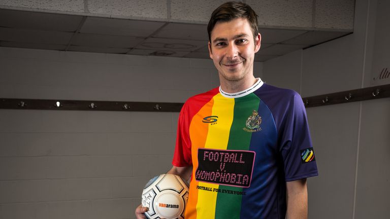 Ben Harrison of Altrincham Football Club poses in a special one-off LGBT pride flag rainbow shirt to support the Football v Homophobia campaign, February 2019